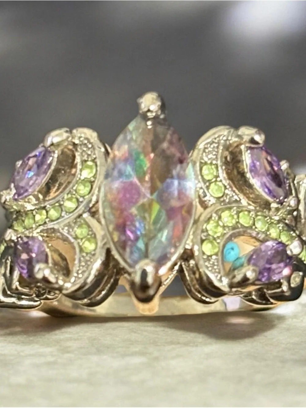 Aurora Opal and Amethyst Statement Ring - Silver Tone